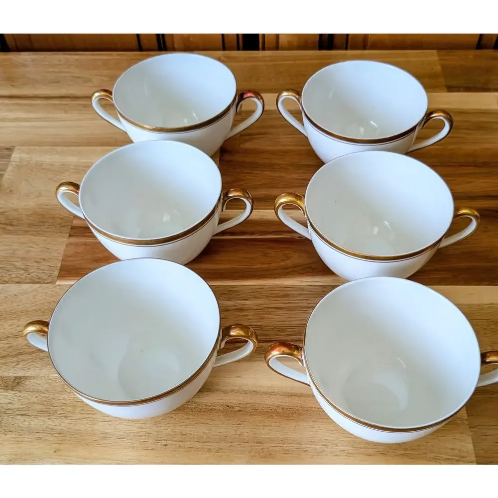 Antique CT Altwasser Silesia Germany Double Handle Cream Soup Cups Gold Set 6